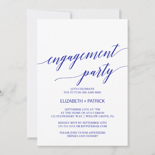 Elegante Royal Blue Calligraphy Engagement Party Einladung (Vorderseite)