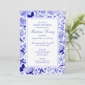 Elegante Royal Blue Floral Baby Dusche Einladung (Stehend Vorderseite)