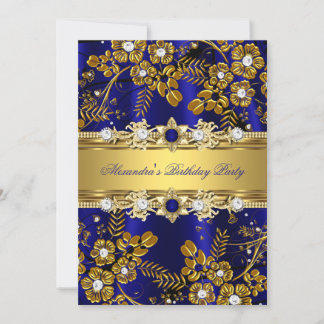 Elegante Royal Blue & Gold Floral Geburtstagsparty Einladung