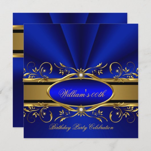 Elegante Royal Blue Gold Geburtstagsparty Einladung (Vorne/Hinten)