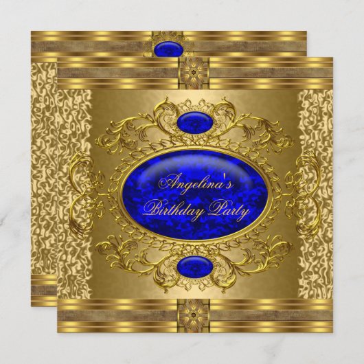 Elegante Royal Blue Gold Geburtstagsparty Einladung (Vorne/Hinten)