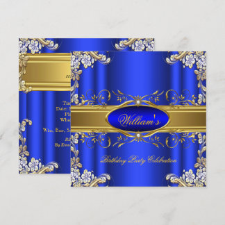 Elegante Royal Blue Gold Geburtstagsparty Floral 4 Einladung