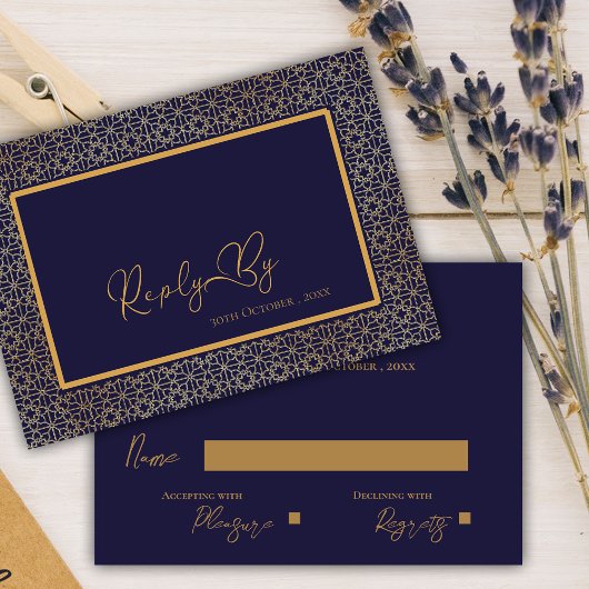 Elegante Royal Blue Gold Intricate Design Wedding RSVP Karte