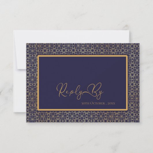 Elegante Royal Blue Gold Intricate Design Wedding RSVP Karte (Vorderseite)