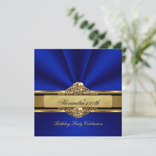 Elegante Royal Blue Gold Pearl Birthday Party Einladung (Stehend Vorderseite)