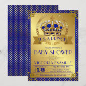 Elegante Royal Blue Gold Prince Baby Dusche Einladung (Vorne/Hinten)