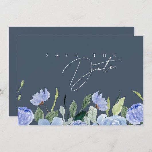 Elegante Royal Blue Opulence Wildblumen Hochzeit Save The Date (Vorne/Hinten)