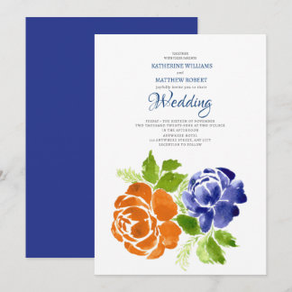 Elegante Royal Blue Orange Blumenzwiebelhochzeit Einladung