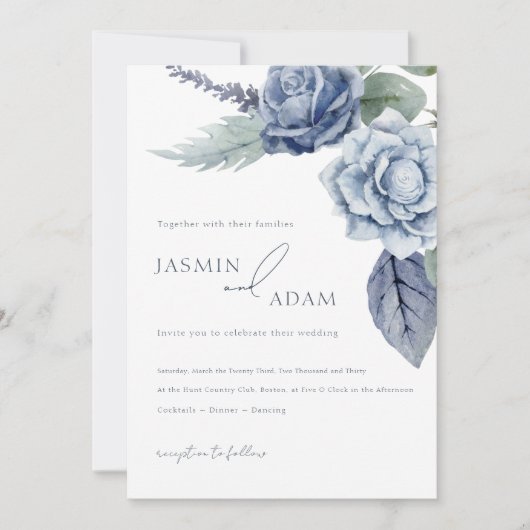 Elegante Royal Blue Rose Blumenhochzeit Einladung (Vorderseite)