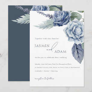 Elegante Royal Blue Rose Blumenhochzeit Einladung