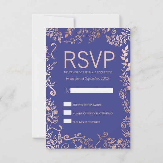 Elegante Royal Blue Rose Gold Floral RSVP Karten (Vorderseite)