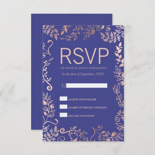 Elegante Royal Blue Rose Gold Floral RSVP Karten (Vorne/Hinten)