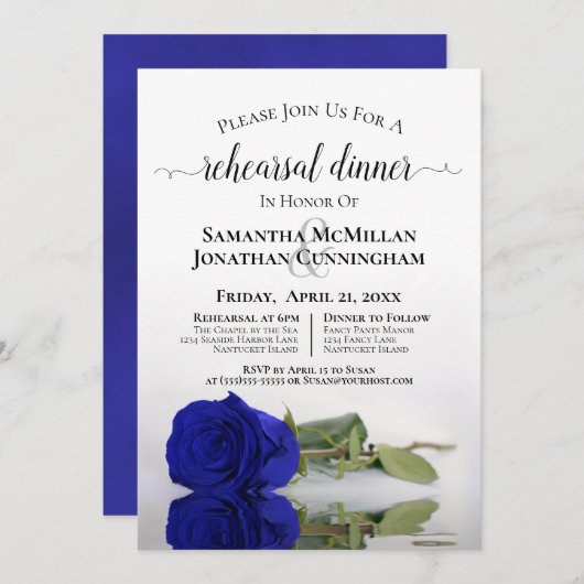 Elegante Royal Blue Rose Hochzeit Probe Dinner Einladung (Vorne/Hinten)
