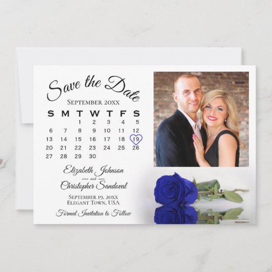 Elegante Royal Blue Rose Kalender & Foto Wedding Save The Date (Vorderseite)