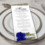Elegante Royal Blue Rose mit Reflections Wedding Menükarte<br><div class="desc">Dieses schöne Menü wird Ihrem Hochzeitsempfang etwas mehr Stil verleihen. Es zeichnet sich durch ein wunderschönes und romantisches Design aus, mit einem Single, der in königsblauer oder kobaltfarbener Rose liegt und in einem Wasserbecken mit Wellen und Wellen reflektiert. Es gibt Platz für die Namen des Paares und das Hochzeitstag, und...</div>