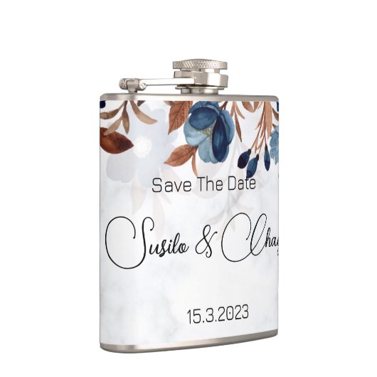 elegante Royal Blue Rustic moderne Savedate. Flachmann (Rechts)