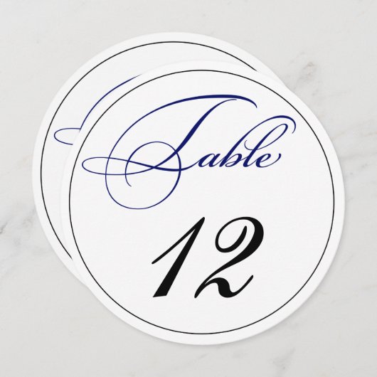 Elegante Royal Blue Script Round Tischnummer Cards (Vorne/Hinten)