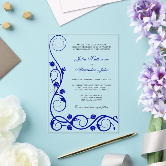 Elegante Royal Blue und White Wirbel Acryleinladungen (In Situ (Hochzeit))