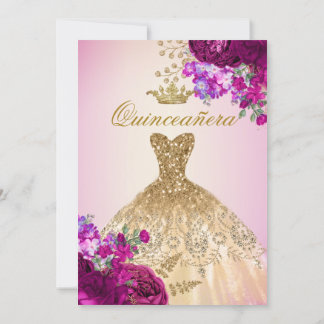 Elegante Royal Gold Burgund Rose Quinceanera Einladung