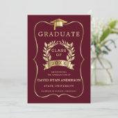 Elegante Royal Gold Burgundy Graduation Party Einladung (Stehend Vorderseite)