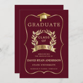 Elegante Royal Gold Burgundy Graduation Party Einladung (Vorne/Hinten)