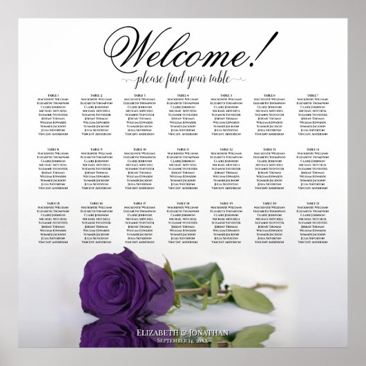 Elegante Royal lila Rose 21 Tabelle Seating Chart Poster (Vorne)