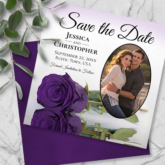 Elegante Royal Lila Rose mit Oval Foto Hochzeit Save The Date