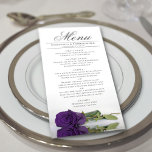 Elegante Royal Lila Rose mit Reflections Wedding Menükarte<br><div class="desc">Dieses schöne Menü wird Ihrem Hochzeitsempfang etwas mehr Stil verleihen. Es zeichnet sich durch ein wunderschönes und romantisches Design aus, mit einem Single tiefer königlicher, lila Rose, die auf der Seite liegt und in einem Wasserbecken mit Wellen und Wellen reflektiert. Es gibt Platz für die Namen des Paares und das...</div>