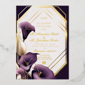 Elegante Royal Lila und Gold Calla Lily Wedding Folieneinladung (Vorderseite)