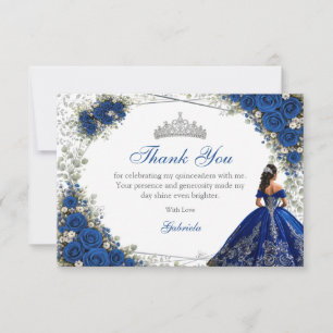 Elegante Royalblaue und silberne Rosen Quinceañera Dankeskarte