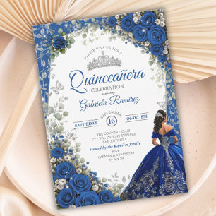 Elegante Royalblaue und silberne Rosen Quinceañera Einladung