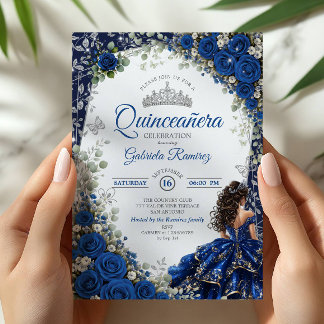 Elegante Royalblaue und silberne Rosen Quinceañera Einladung