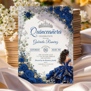 Elegante Royalblaue und silberne Rosen Quinceañera Einladung