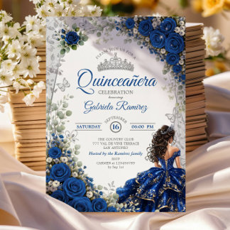 Elegante Royalblaue und silberne Rosen Quinceañera Einladung