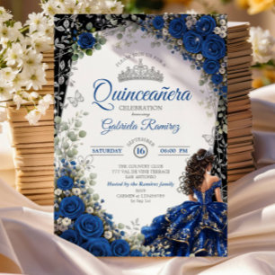 Elegante Royalblaue und silberne Rosen Quinceañera Einladung