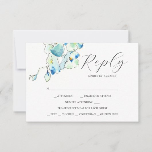 Elegante RSVP Cards Blue Watercolor Blume Karte (Vorderseite)