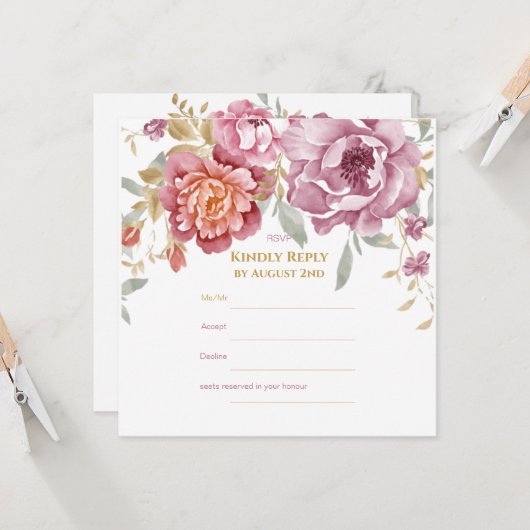 Elegante RSVP-Karte für Blumen und Gold (Vorderseite/Rückseite Beispiel)