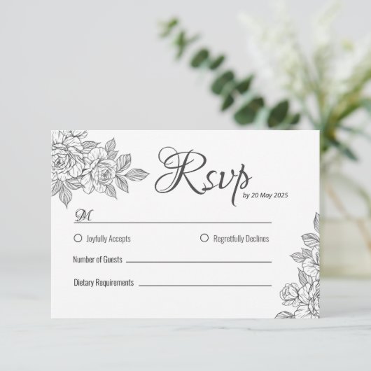 Elegante RSVP-Karte für Schwarz-Weiß-Blumen-Hochze RSVP Karte (Stehend Vorderseite)
