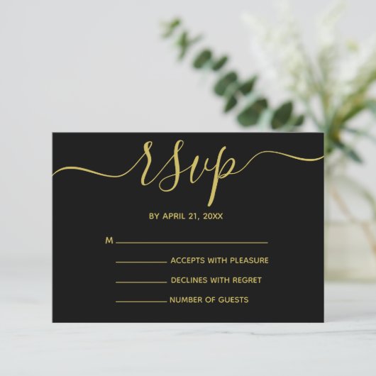 Elegante RSVP-Karten für Schwarz und Gold-Script RSVP Karte (Stehend Vorderseite)