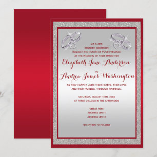 Elegante Ruby Red & Funkelnd Silver Rings Wedding Einladung