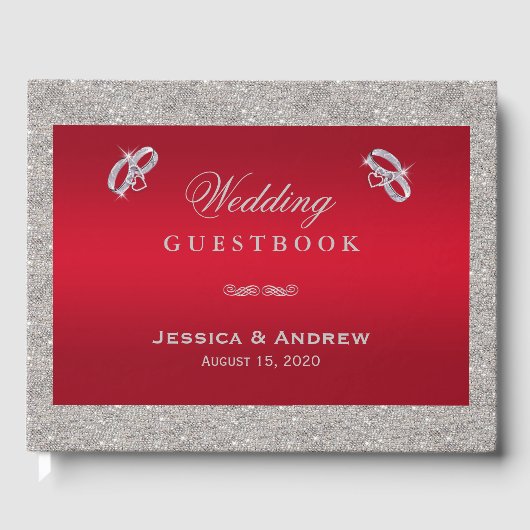 Elegante Ruby Red & Funkelnd Silver Rings Wedding Gästebuch (Vorderseite)
