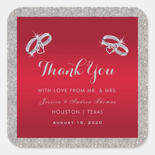 Elegante Ruby Red & Funkelnd Silver Rings Wedding Quadratischer Aufkleber (Vorderseite)