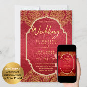 Elegante Ruby Red Gold Verziert Wedding Einladung