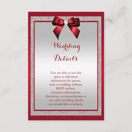 Elegante Ruby Red & Silver Glitzer Hochzeitdetails Begleitkarte (Vorderseite)