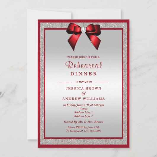 Elegante Ruby Red Silver Glitzer Probe Dinner Einladung (Vorderseite)