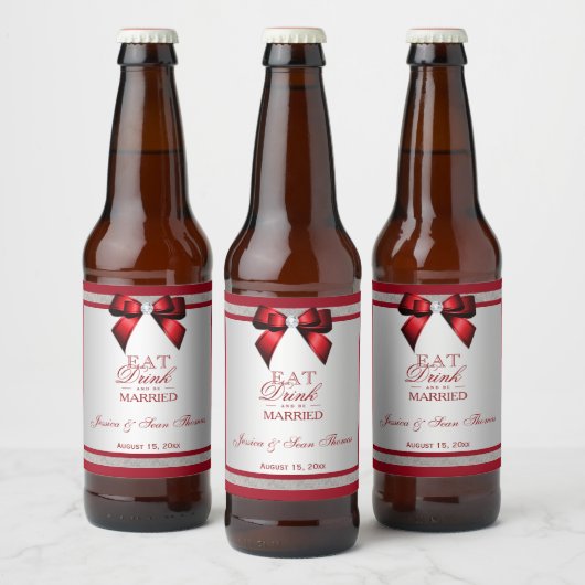 Elegante Ruby Red & Silver Glitzer Wedding Bierflaschenetikett (Flaschen)