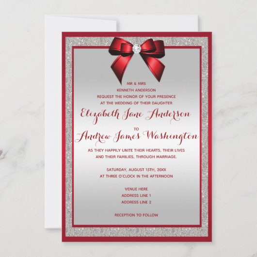 Elegante Ruby Red & Silver Glitzer Wedding Einladung (Vorderseite)