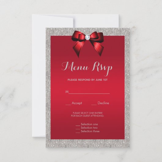 Elegante Ruby Red, Silver Glitzer Wedding Menu UAW RSVP Karte (Vorderseite)