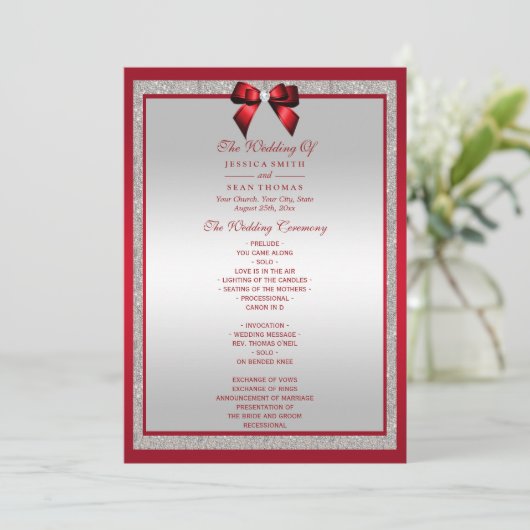 Elegante Ruby Red & Silver Glitzer Wedding Programm (Stehend Vorderseite)