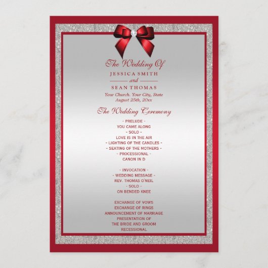 Elegante Ruby Red & Silver Glitzer Wedding Programm (Vorderseite)